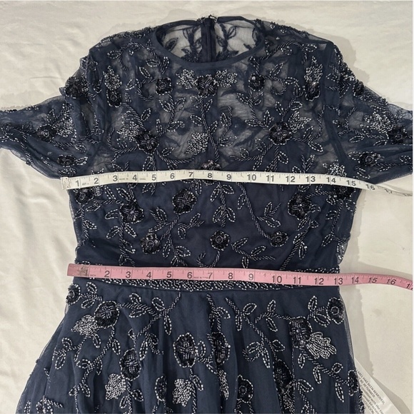 NEW $598 Mac Duggal [ 4‎ ] Beaded Floral Long Sleeve Midi Dress Navy Blue - Picture 11 of 13